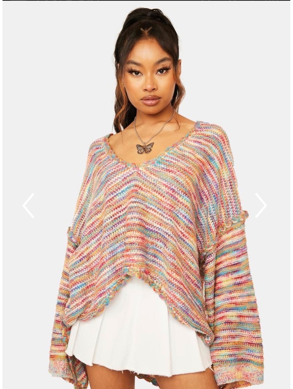 POL Rainbow Space Dye Oversized Sweater Small V Neck Slouchy Boho Open Knit